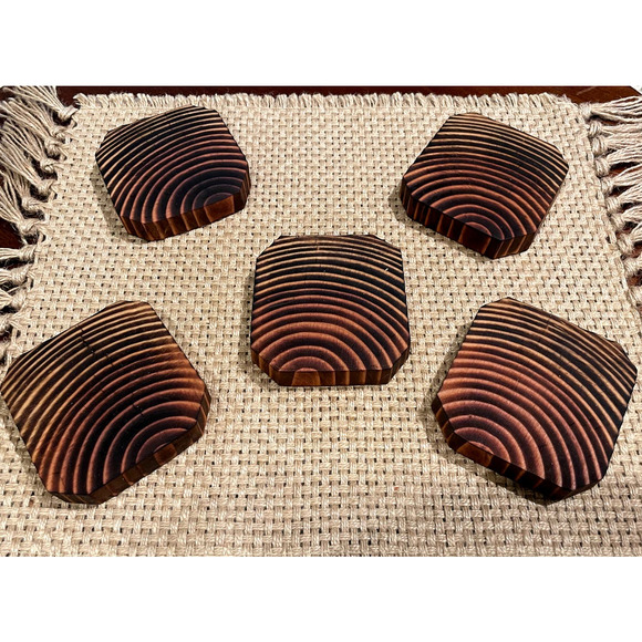 Handmade Wooden Coasters Wood Burn Dark & Light Brown Set of 5 Rustic Farmhouse - Picture 2 of 10
